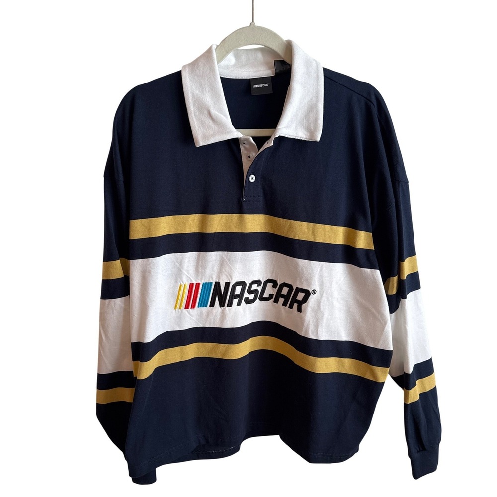 NASCAR Mens Long Sleeve Rugby Shirt Polo Collared Navy White Gold Stripes Size M